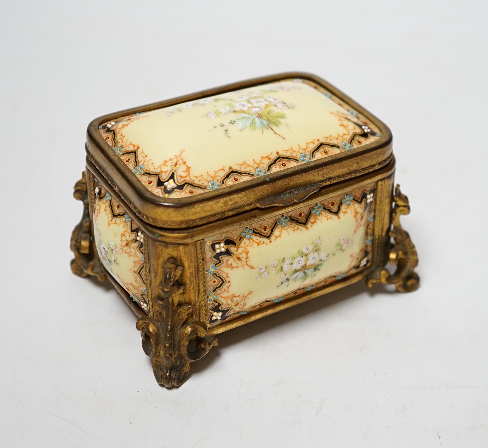 A 19th century French ormolu and jewelled enamel casket, 11cm wide